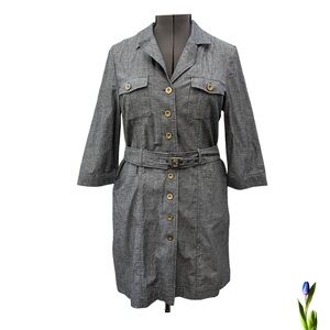Classic Grey Button-Front Belted Shirt Dress